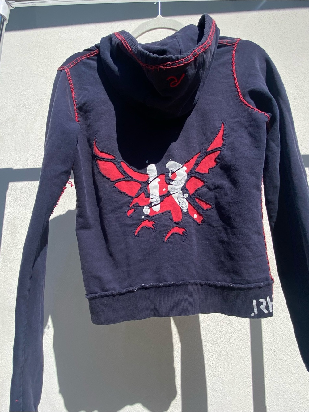 Y2K Request Jeans Navy & Red Graphic Whipstitch Full Zip Hooded Jacket Size M
